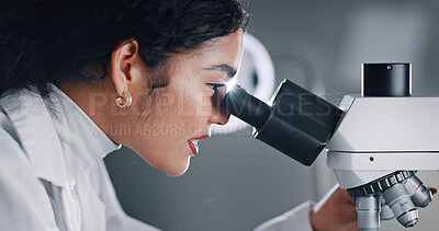 Buy stock photo Science, experiment and woman in lab, microscope and healthcare with microbiology. Person, testing and scientist in workplace, equipment and medical innovation with vaccine development and research