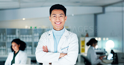 Buy stock photo Science, laboratory and portrait of man with crossed arms with confidence, pride and happy for medical research. Healthcare, biotechnology and scientist for vaccine, medicine development or discovery