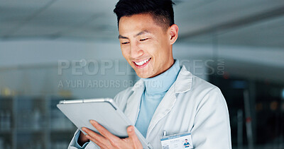 Buy stock photo Research, science and Asian man in lab, tablet and online reading with medical innovation. Person, scientist and expert in workplace, tech and email with results, internet or digital app with smile