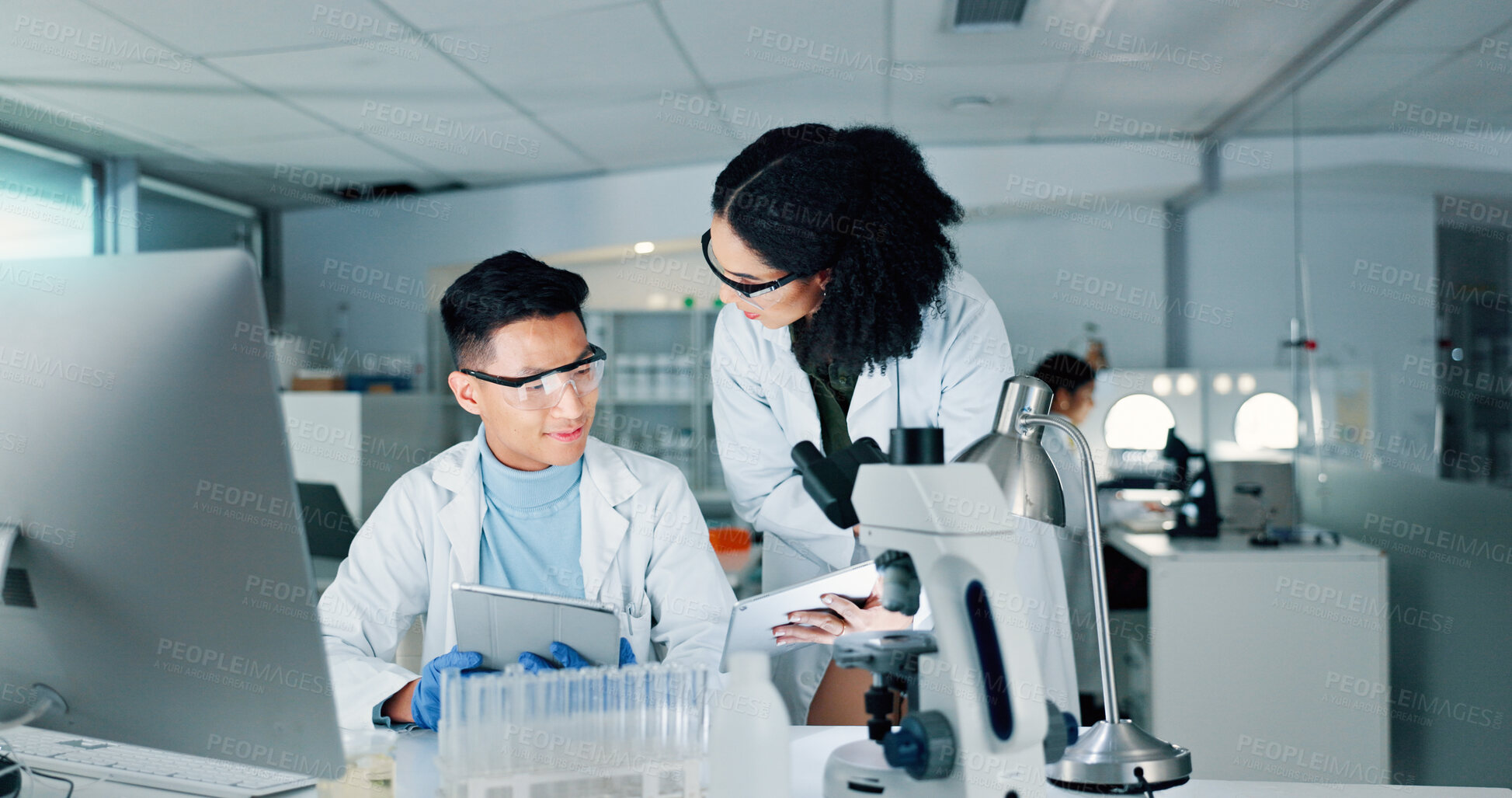 Buy stock photo Lab, science and people on tablet for meeting with medical research, discussion and teamwork. Healthcare, biotechnology and man and woman with equipment for sample, experiment and cure for vaccine