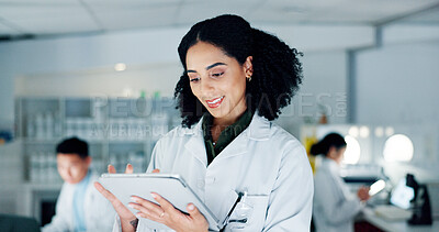 Buy stock photo Research, science and woman in chemistry lab, tablet and internet with experiment results. Person, scientist and medical expert in workplace, tech and email with report, smile and digital app