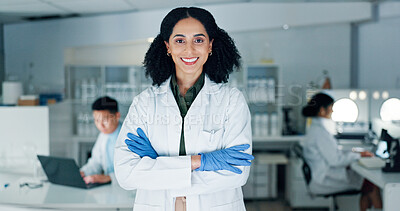 Buy stock photo Science, lab and portrait of woman with crossed arms with confidence, pride and happy for medical research. Healthcare, biotechnology and scientist for vaccine, medicine development and discovery