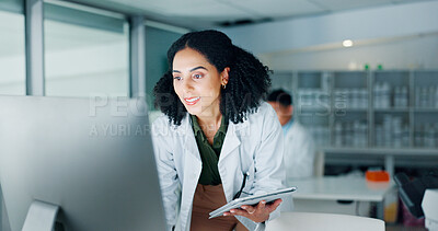 Buy stock photo Computer, science and tablet with woman in laboratory to report breakthrough or discovery. Healthcare, investigation and medical research with happy scientist at work on clinical trial for experiment
