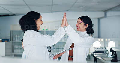 Buy stock photo Science, people and tablet with high five to celebrate, medical research and motivation at night. Collaboration, scientists and women with hands for pharmaceutical results, medicine success and lab