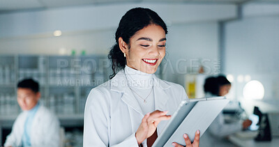 Buy stock photo Laboratory, scientist and woman with tablet for reading, medical research and happiness at night. Career, female person and doctor with digital for pharmaceutical review, medicine report and results