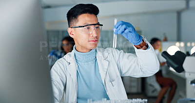 Buy stock photo Experiment, scientist and man with test tube, lab and equipment for biotechnology and pharmaceutical. Healthcare, medical professional and person with glasses for breakthrough or genetic engineering