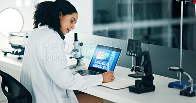 Buy stock photo Writing, scientist and woman on laptop in lab for research, medical innovation and discovery. Night, testing results and doctor with notebook for pharmaceutical review, medicine report and screen