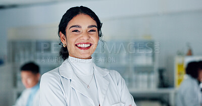 Buy stock photo Science, happy and portrait of woman in laboratory with confidence for medical research, innovation or analysis. Healthcare, biotechnology and scientist for vaccine, medicine development or discovery