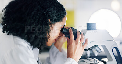 Buy stock photo Healthcare, microscope and science with woman in laboratory for breakthrough, discovery or innovation. DNA, engineer and medical research with scientist at work on clinical trial for chemical study
