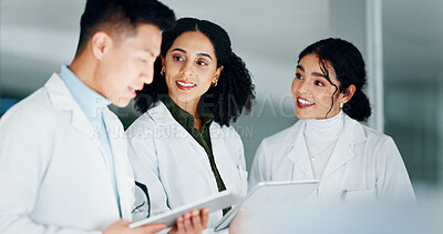 Buy stock photo Tablet, discussion and team of scientists in laboratory at night for medical research with pharmaceutical discovery. Meeting, technology and biologists with online report for healthcare innovation.