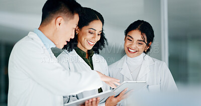 Buy stock photo Tablet, meeting and scientists in laboratory at night for medical research with pharmaceutical discovery. Discussion, digital technology and science team with online report for healthcare innovation.