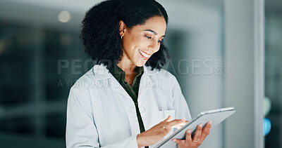 Buy stock photo Research, science and woman in lab, tablet and internet with medical innovation. Person, scientist and expert in workplace, technology and email with results, experiment and digital app with smile