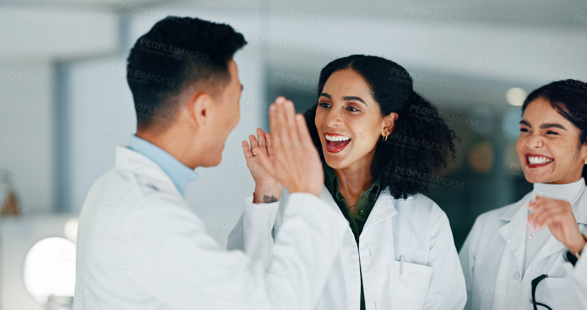 Buy stock photo High five, happy and scientists in laboratory with medical project, discovery and study. Teamwork, celebration and group of biologists with target for pharmaceutical innovation with collaboration.