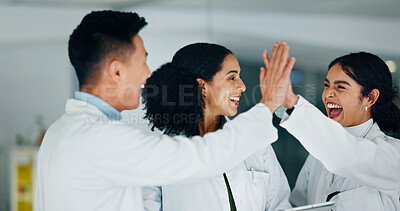 Buy stock photo High five, achievement and scientists in laboratory with medical project, discovery and study. Happy, celebration and group of biologists with target for pharmaceutical innovation with collaboration.