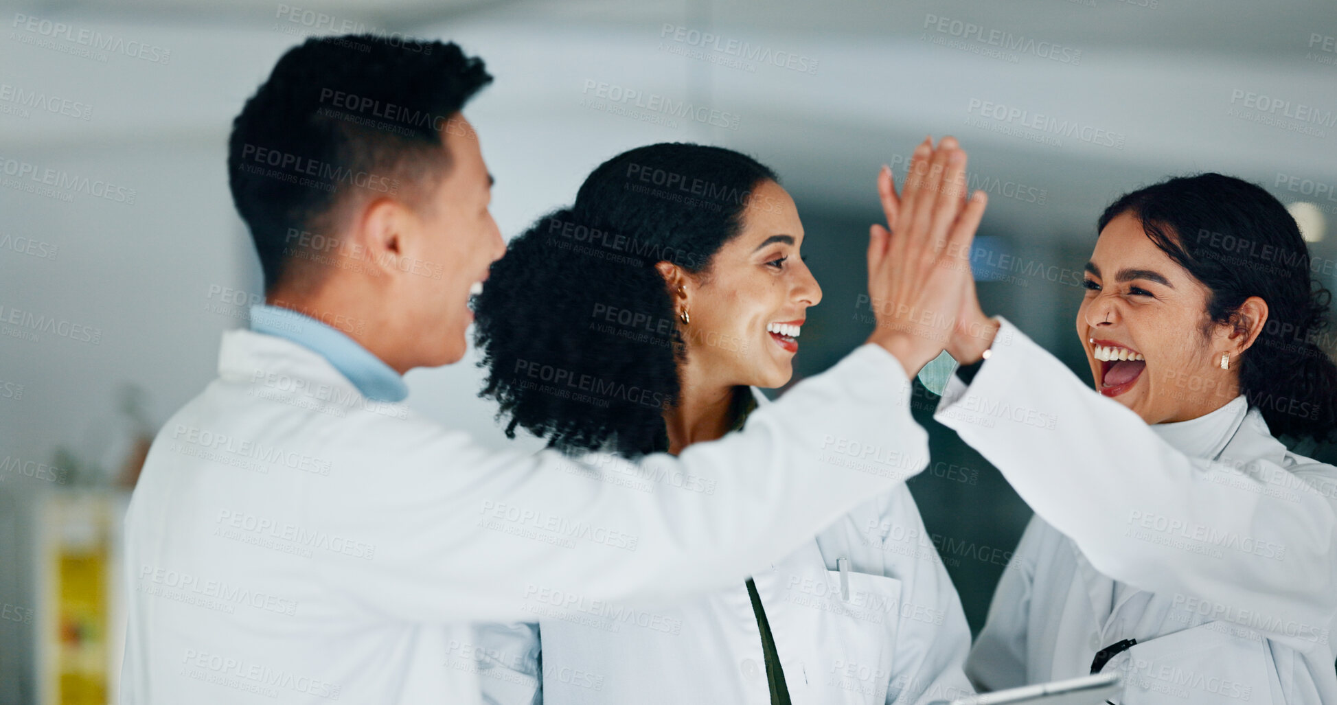 Buy stock photo High five, achievement and scientists in laboratory with medical project, discovery and study. Happy, celebration and group of biologists with target for pharmaceutical innovation with collaboration.