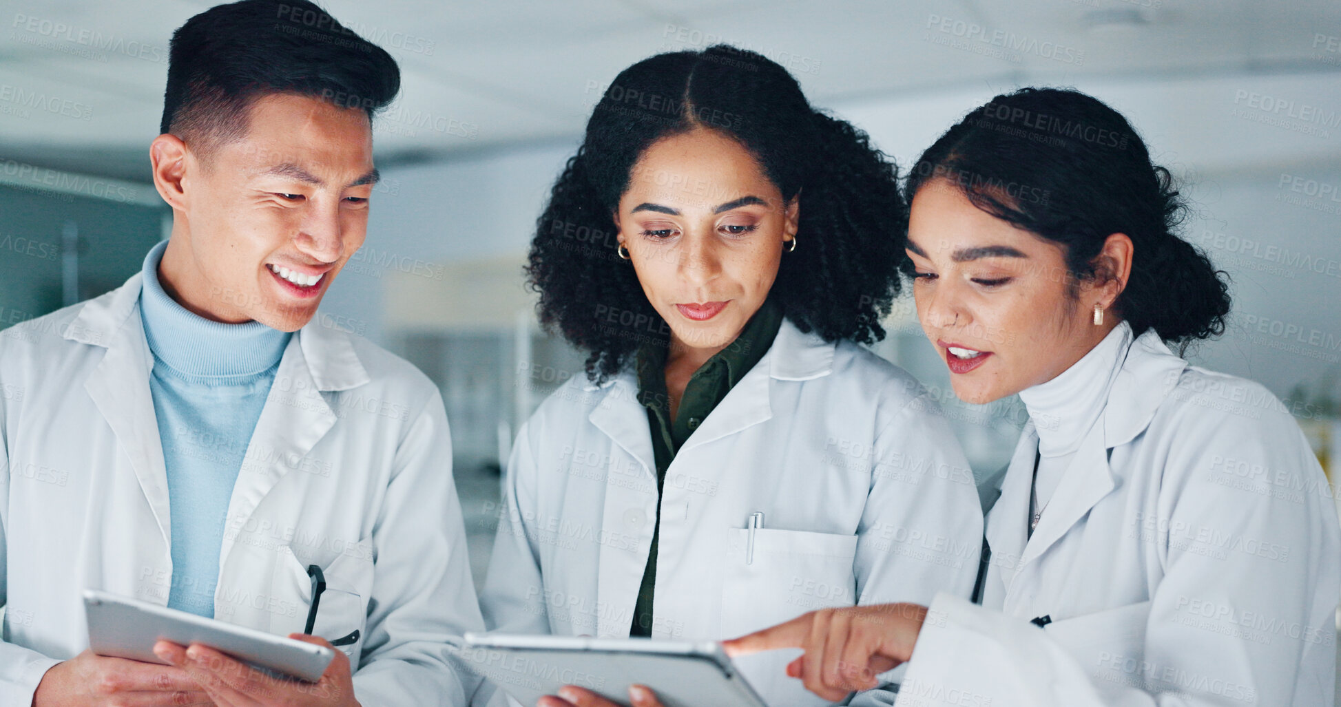 Buy stock photo Tablet, conversation and scientists in laboratory for medical research with pharmaceutical discovery. Meeting, technology and science team with online report for healthcare innovation with deadline.