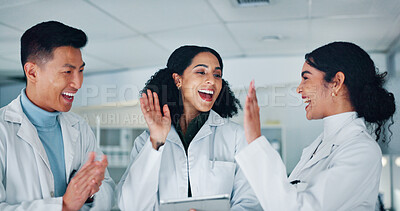 Buy stock photo High five, teamwork and scientists in laboratory with medical project, discovery and study. Happy, celebration and group of biologists with target for pharmaceutical innovation with collaboration.