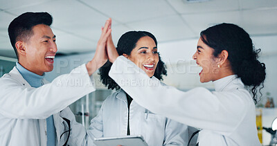 Buy stock photo Healthcare, people and tablet with high five to celebrate, medical research and motivation at night. Teamwork, scientists and doctors with hands for pharmaceutical results, medicine success and lab