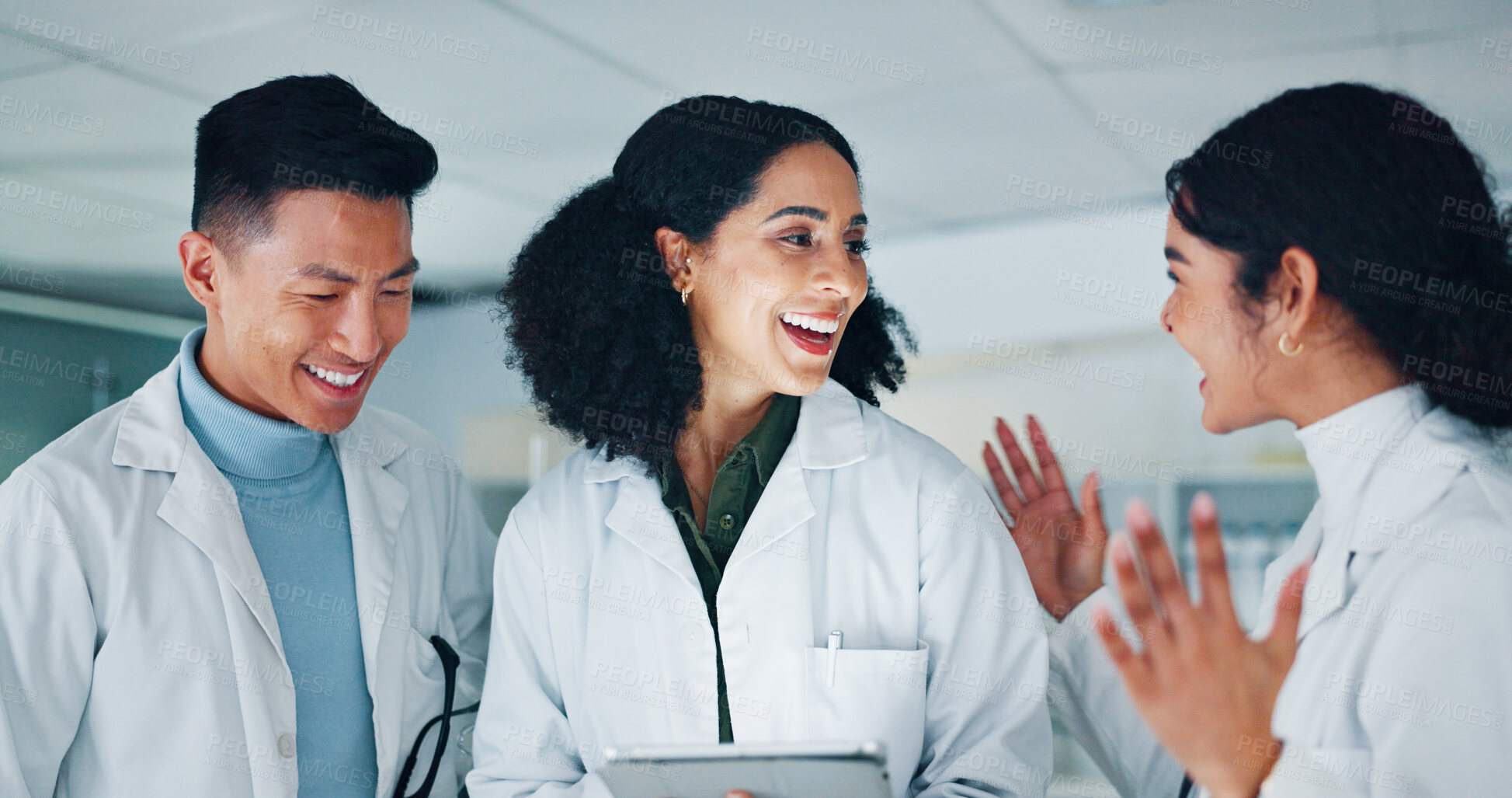 Buy stock photo Laboratory, doctors and teamwork with tablet for discussion, medical research and laugh at night. Collaboration, scientists and people with tech for pharmaceutical review, medicine report and results