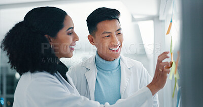 Buy stock photo Lab, scientist and collaboration with medical research, happy or colleagues with sticky notes for info. Brainstorming, ideas and teamwork for healthcare in clinic, pharmaceutical or people with smile