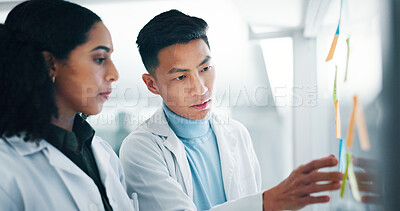 Buy stock photo Lab, scientist and colleagues with medical research, serious and people with sticky notes for info. Brainstorming, reading and collaboration for healthcare in clinic, pharmaceutical and plan for cure