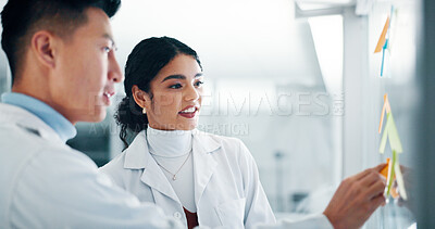 Buy stock photo Lab, scientist and people with ideas, brainstorming and colleagues with sticky notes for information. Planning, reading and teamwork for healthcare in clinic, pharmaceutical and review of schedule