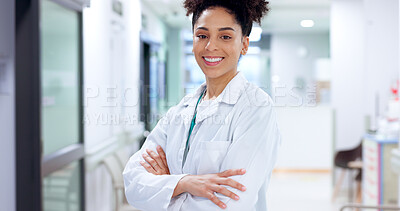 Buy stock photo Crossed arms, woman and portrait of doctor in hospital for medical career growth with pride in hallway. Happy, professional and female healthcare worker from Mexico with confidence in clinic corridor