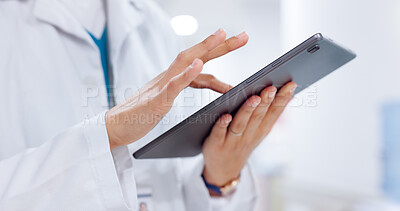Buy stock photo Scroll, tablet and hands of doctor in hospital for telehealth, medical service and research in clinic. Healthcare, wellness and person on digital tech for online diagnosis, report and patient results