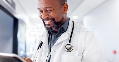 Buy stock photo Hospital, doctor and happy black man with tablet for online consulting, medical service and diagnosis. Healthcare, wellness and person on digital tech for planning schedule, appointment and insurance