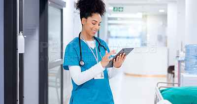 Buy stock photo Nurse, tablet and happy woman in hospital for medical news, report or check records for telehealth. Tech, reading or healthcare professional on internet for communication, wellness email or research