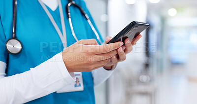 Buy stock photo Nurse, woman and hands with phone in hospital for medical news, report and check records for telehealth. Mobile, typing and healthcare worker on internet for communication, wellness email or research