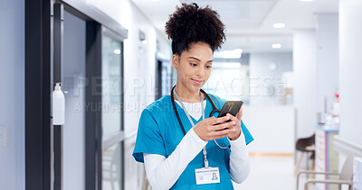 Buy stock photo Nurse, phone and woman in clinic for medical news, report and check records for telehealth. Mobile, reading and healthcare professional on internet for communication, wellness email and research