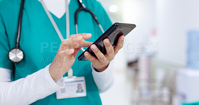 Buy stock photo Nurse, hands and woman with mobile for healthcare, report and check records for telehealth. Phone, communication and medical worker on internet for wellness email, scroll and research in hospital
