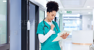 Buy stock photo Nurse, thinking and woman with folder at hospital for patient healthcare chart, medical report and schedule solution. Medicine, african person and documents for health insurance and reading results