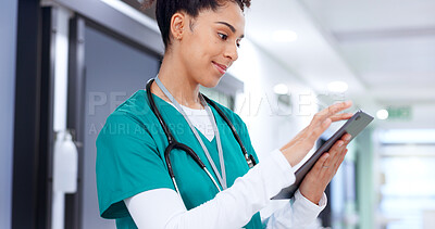 Buy stock photo Nurse, tablet and woman in clinic for medical news, report and check records for telehealth. Tech, reading and happpy healthcare professional online for communication, wellness email and research