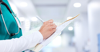 Buy stock photo Healthcare, insurance and writing with hands of nurse closeup in hospital for records or report. Cardiology, file and notes with medical professional in hallway of clinic for diagnosis or treatment