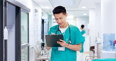 Buy stock photo Nurse, writing and man with checklist in hospital for medical report and check records. Clipboard, reading and happy healthcare professional with schedule, research and test results for diagnosis