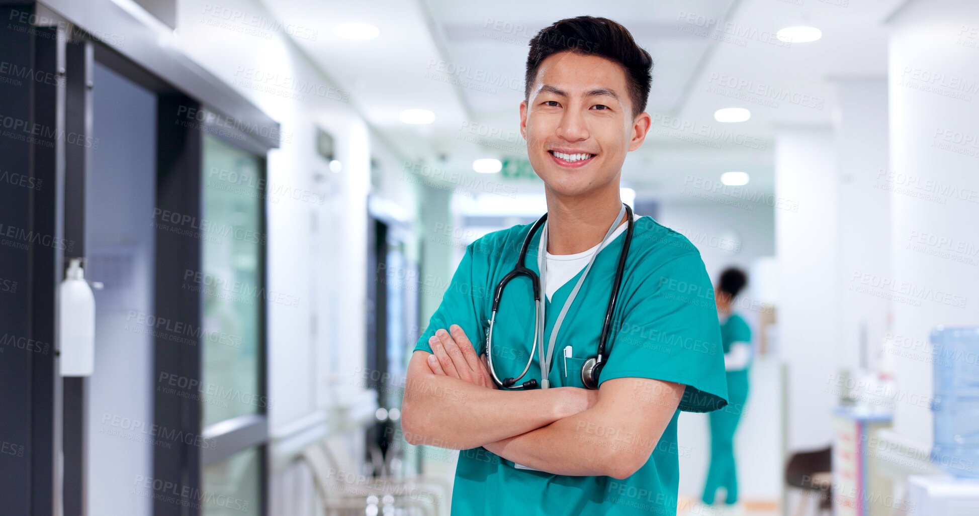 Buy stock photo Nurse, asian man and portrait with arms crossed at clinic for medical service, surgery support or career confidence. Professional doctor, surgeon or happy for wellness, health treatment or healthcare