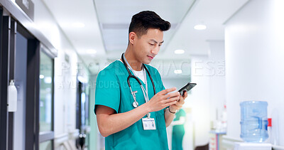 Buy stock photo Nurse, phone and man in hospital for medical news, report and check records for telehealth. Mobile, reading and healthcare professional on internet for communication, wellness email and research