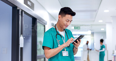 Buy stock photo Nurse, phone and man in hospital for healthcare news, report and check records for telehealth. Mobile, reading and happy medical professional on internet for communication, email and scroll research