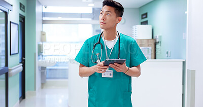 Buy stock photo Man, thinking and nurse with tablet in hospital for healthcare schedule, appointment booking and decision. Technology, medical surgeon and Asian person planning, vision and problem solving in clinic