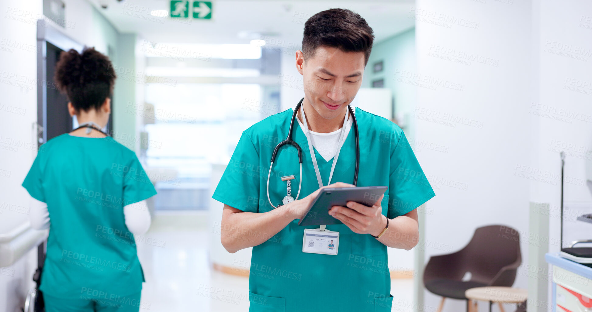 Buy stock photo Nurse, tablet and man in hospital for healthcare news, report and check records for telehealth. Tech, reading and happy medical professional on internet for communication, email and scroll research