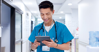 Buy stock photo Nurse, tablet and Asian man in clinic for healthcare, report and check records for telehealth. Tech, reading and happy medical worker on internet for communication, email and scroll research online