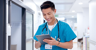 Buy stock photo Nurse, tablet and Asian man online for healthcare, report and check records for telehealth. Technology, reading and happy medical worker on internet for communication, email and research in hospital