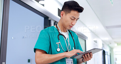 Buy stock photo Nurse, tablet and Asian man on internet for medical news, report and check records for telehealth. Technology, reading and serious healthcare worker with research, wellness or communication in clinic