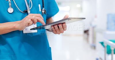 Buy stock photo Nurse, hands and person on tablet for healthcare information, report and check telehealth records. Technology, internet and medical worker with research, wellness email and schedule in hospital