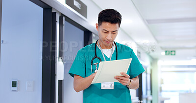 Buy stock photo Healthcare, man and nurse with document for reading, patient information and medical records. Hospital, asian person and surgeon with paperwork for diagnosis results, review and report for treatment