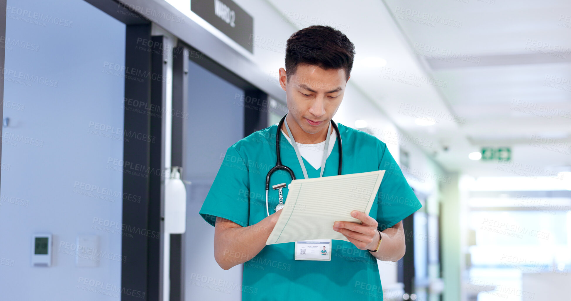 Buy stock photo Healthcare, man and nurse with document for reading, patient information and medical records. Hospital, asian person and surgeon with paperwork for diagnosis results, review and report for treatment