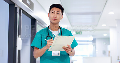 Buy stock photo Nurse, thinking and man with chart in healthcare for patient report, medical checklist and health information. Medicine, asian person and paperwork for insurance, diagnosis results and file in clinic