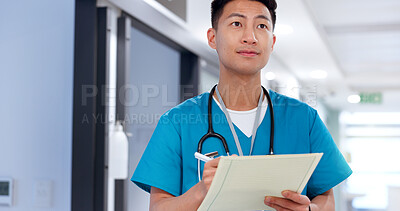 Buy stock photo Nurse, thinking and man with chart in clinic for healthcare report, medical checklist and health information. Medicine, asian person and paperwork for surgery compliance, insurance and diagnosis file